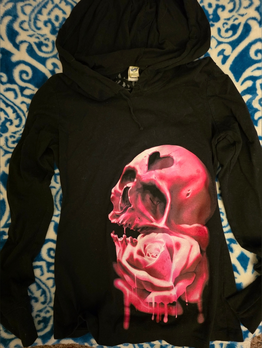 Inked Brand Black Hoodie with Pink Skull & Rose Graphic